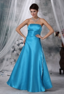Teal Beaded Strapless Satin Prom / Evening dress With Sash