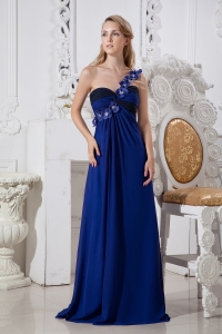 Blue One Shoulder Chiffon Prom Dress with Hand Made Flowers