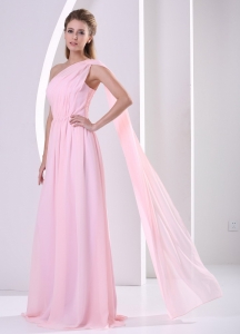 Baby Pink One Shoulder Watteau Train Ruched Chiffon Prom Dress