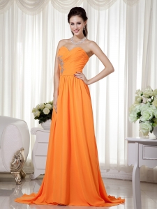 Orange Sweetheart Empire Brush Train Chiffon Ruch Prom Dress