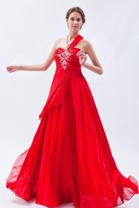 Red One Shoulder Empire Floor-length Chiffon Beading Prom Dress