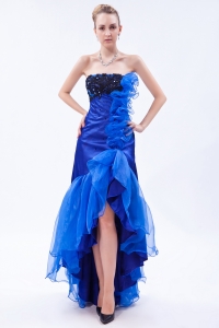 Strapless Royal Blue High-low Prom Dress Organza Appliques