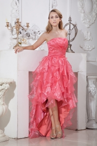Watermelon Red Strapless High-low Ruffles and Beading Prom Dress
