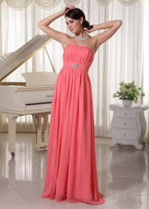 Empire Watermelon Red Chiffon Prom Dress With Beading and Ruch