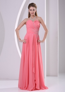 Sweetheart Watermelon Red Beaded Chiffon Dress For Prom Party