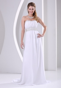 White Chiffon Beaded Brush Train Prom Dress For Custom Made