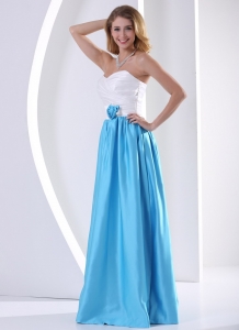 White and Aqua Blue Taffeta Prom Dress with Hand Made Flower