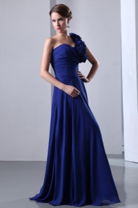 One Shoulder Floor-length Prom Dress Hand Made Flowers Blue
