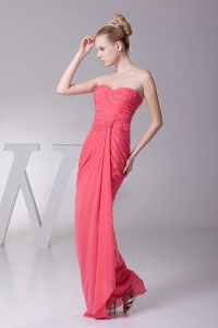 Strapless Coral Red Prom Dres Chiffon Ruched Bodice Sweetheart