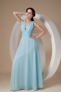 V-neck Floor-length Chiffon Ruch Prom Dress Light Blue