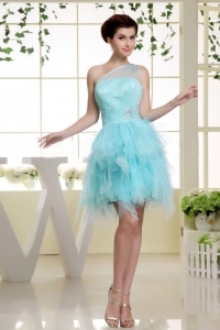 One Shoulder Baby Blue and Beading For Prom Dress Ruffles