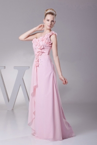 One Shoulder Hand Made Flowers Baby Pink Prom Dress