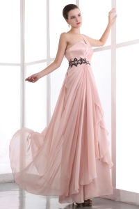 Pink One Shoulder Floor-length Chiffon Appliques Prom Dress