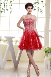 Red Beaded Bodice and Ruffles Prom Dress Mini-Length