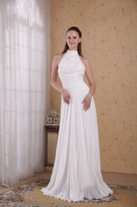 White High-neck Floor-length Chiffon Pleat Prom Dress