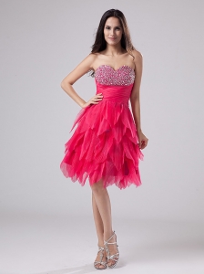 Coral Red Cocktail Dress Beaded Sweetheart Ruffles