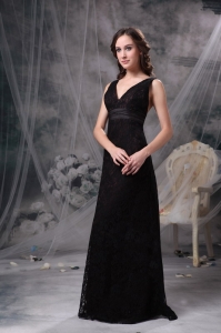 Black Prom Dress V-neck Floor-length Lace Belt and Ruch