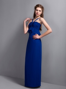 Blue Prom Dress V-neck Floor-length Chiffon Ruch