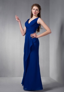 Blue V-neck Floor-length Chiffon Ruch Prom Dress