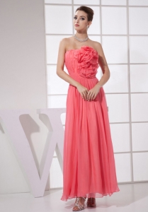 Hand Made Flower Watermelon Chiffon Ankle-length Prom Dress