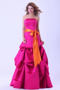 Hot Pink Prom Dress With Orange Sash A-line Floor-length