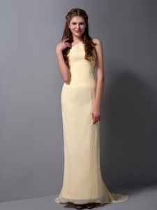 Halter Brush Train Chiffon Prom Dress Light Yellow