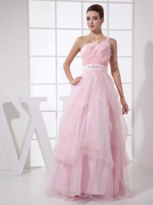 One Shoulder Beaded Floor-length Baby Pink Prom Dress