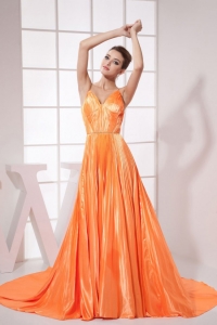 Orange Beading Pleat Prom Dress Brush Train 2013