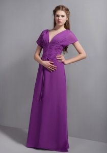 Purple V-neck Floor-length Chiffon Ruch Prom Dress