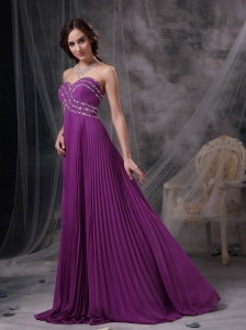 Purple Sweetheart Brush Train Chiffon Beading Prom Dress