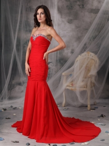 Red Mermaid Sweetheart Prom Dress Court Train Beading