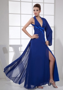 V-neck Ankle-length Prom Dress Royal Blue High Slit