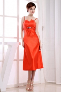 Spaghetti Straps Red Prom Dress Tea-length Column Orange
