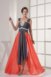 Straps and Ruched Beading Prom Dress Grey and Orange