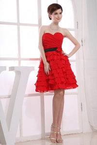 Sweetheart Prom Dress Red Ruffles Chiffon Knee-length
