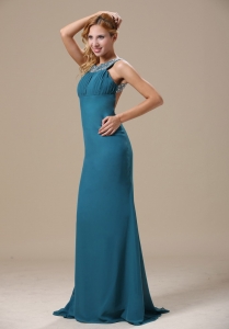 Teal Scoop Prom Dress with Beaded Shoulder Chiffon