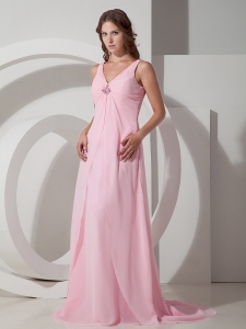 Baby Pink Empire V-neck Brush Train Chiffon Beading Prom Dress