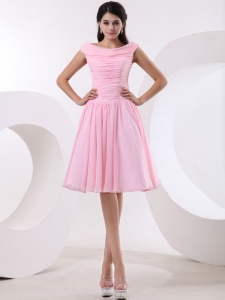 Bateau Neck Baby Pink Knee-length Short Prom Dress Ruched Bodice