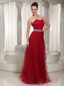 Sweetheart Wine Red Beaded Waist Tulle Prom Dress For Great Fit