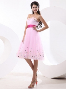 Baby Pink Sweetheart Knee-length Short Prom Dress Sequins and Sash