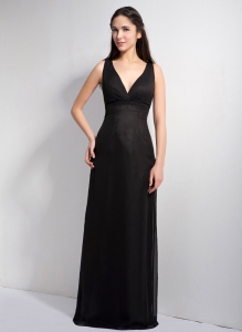 Black Column V-neck Elastic Wove Satin and Chiffon Lace Prom Dress
