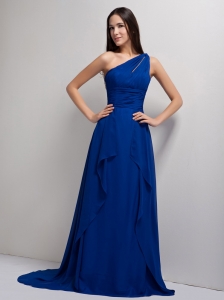 Royal Blue One Shoulder Court Train Satin and Chiffon Ruched Prom Dress
