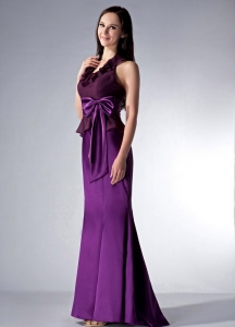Eggplant Purple Cloumn Halter Brush Train Bridesmaid Dress Bowknot