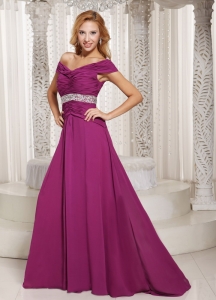 Fuchsia Off The Shoulder Ruched Prom Graduation Dress For Spring