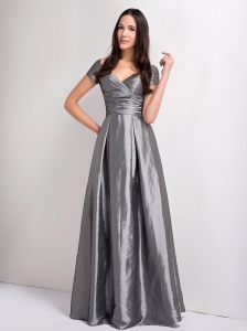 A-line Grey V-neck Short Sleeves Taffeta Bridesmaid Dress Ruching