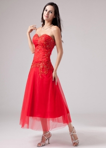 Luxurious Red Sweetheart Tea-length Tulle Prom Dress Beading Appliques
