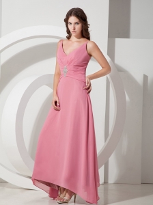 Light Pink Empire V-neck Ankle-length Chiffon Beading Prom Dress