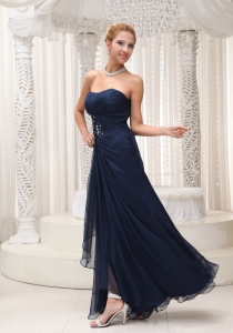 Ruched Long Navy Blue Chiffon Prom/Evening Dress Beaded Waist