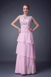 Sheath Baby Pink V-neck Chiffon Ruffled Layers Prom Dress Appliques