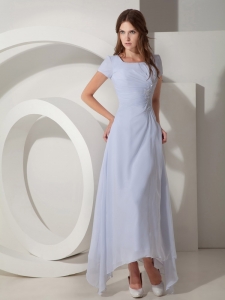 White Empire Scoop Neck Ankle-length Chiffon Beading Prom Dress
